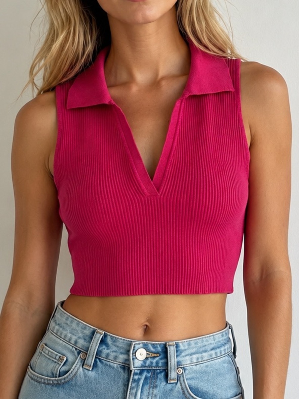 House of Harlow Pink Ribbed Knit V Cut Crop Top Small